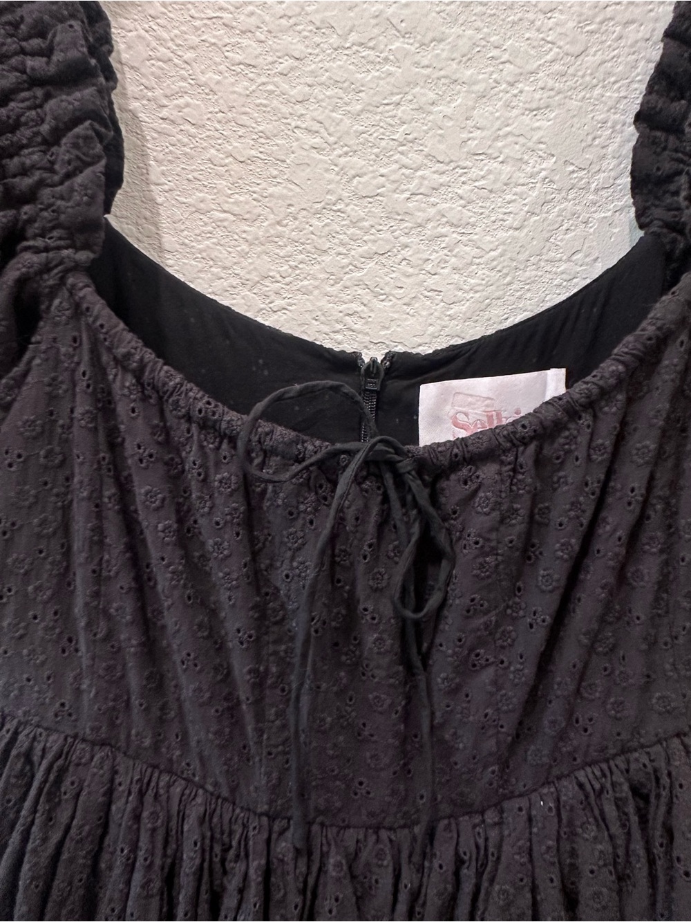 Selkie Black Eyelet Puff Sleeve Babydoll Mini Dress Cottagecore Size S - Picture 3 of 7
